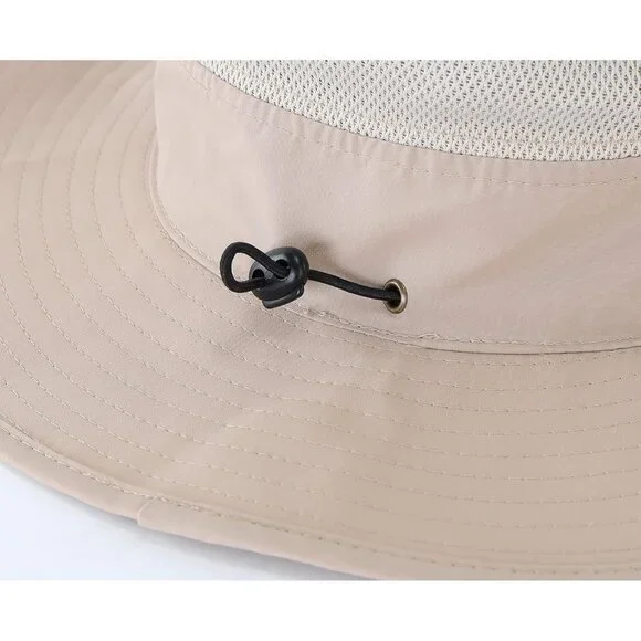Unisex Light Khaki 100% Polyester Wide Brim Boonie Mesh Chin Strap Bucket Hat - Picture 5 of 6